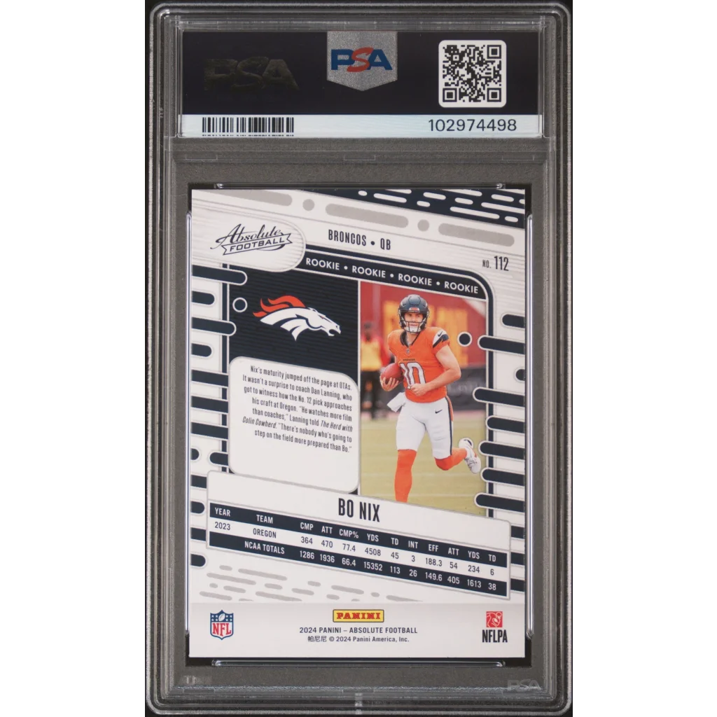 PSA Graded 2024 Absolute Bo Nix Rookie Football Card image showing graded football trading card