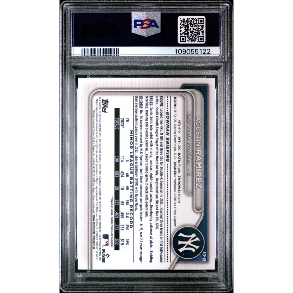 Graded 2024 Bowman Chrome Prospects Agustin Ramirez Baseball Card on display