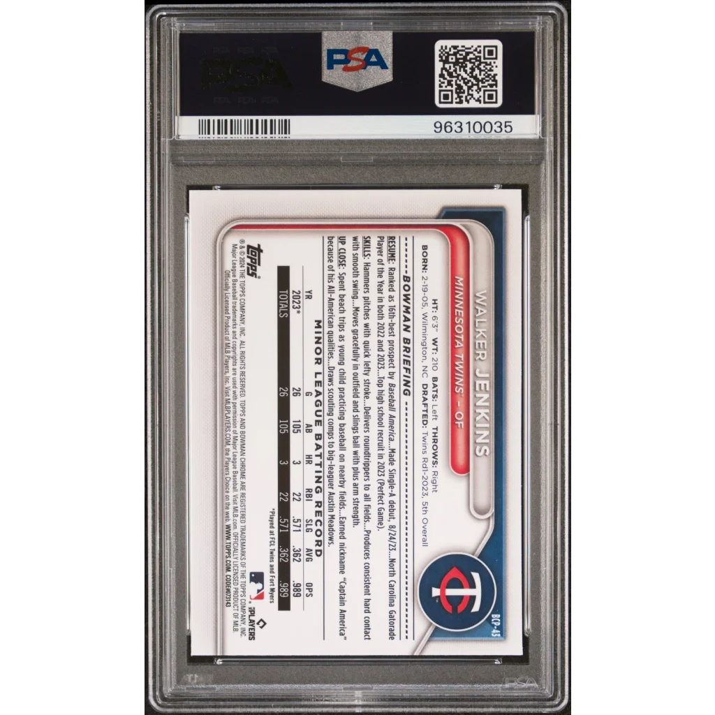 PSA graded 2024 Bowman Chrome Walker Jenkins rookie baseball card in protective case