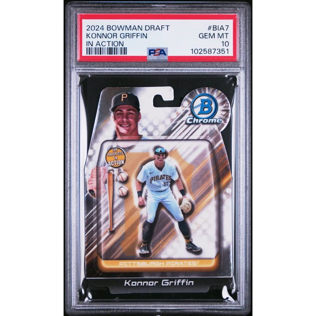 Graded 2024 Bowman Draft Konnor Griffin In Action Baseball Card in PSA case