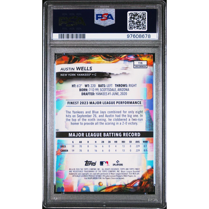 Encased PSA Graded 2024 Finest Austin Wells Checkerboard Refractor Baseball Card
