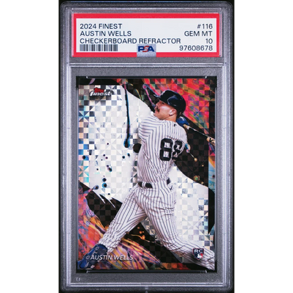 Photo of PSA graded 2024 Finest Austin Wells Checkerboard Refractor baseball card