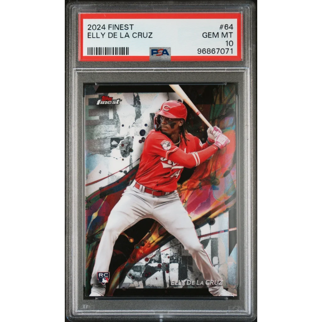 PSA graded 2024 Finest Elly De La Cruz baseball card in a product display