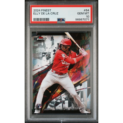 PSA graded 2024 Finest Elly De La Cruz baseball card in a product display