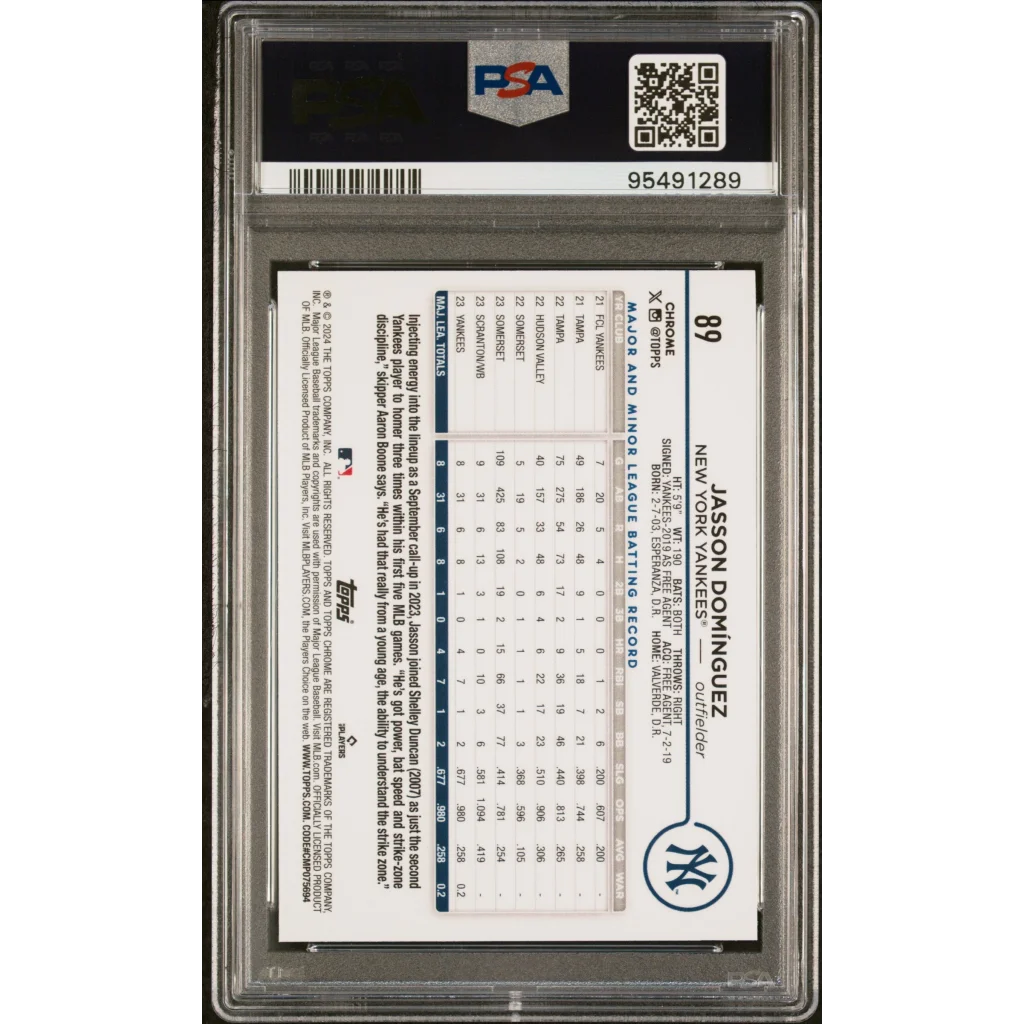 Graded 2024 Topps Chrome Jasson Dominguez baseball card in PSA holder
