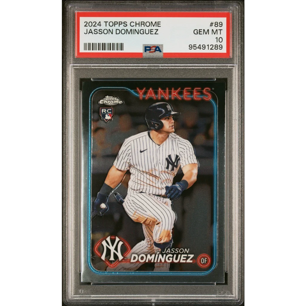 PSA Graded 2024 Topps Chrome Jasson Dominguez Baseball Card on display