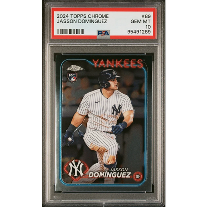 PSA Graded 2024 Topps Chrome Jasson Dominguez Baseball Card on display
