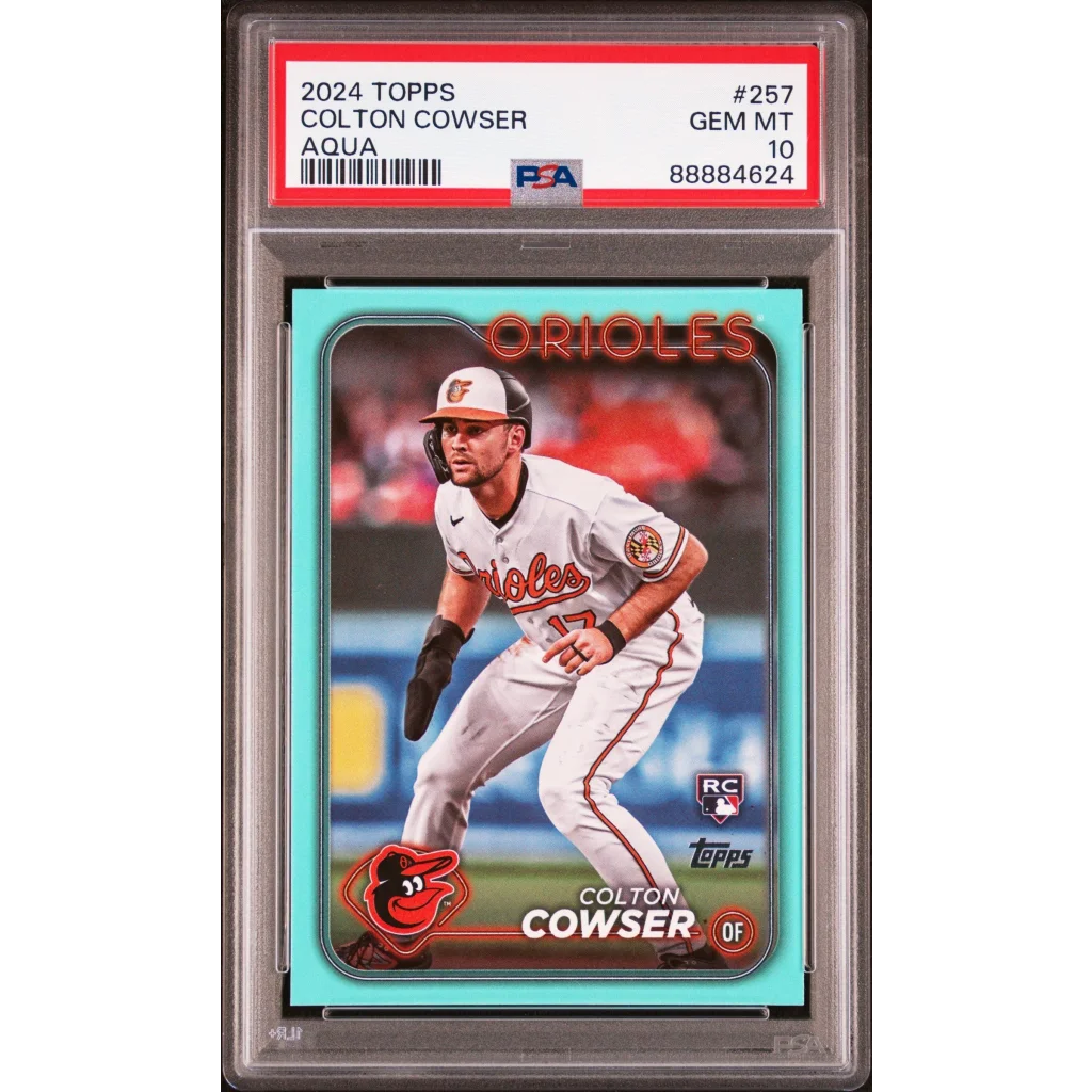 A graded 2024 Topps Colton Cowser Aqua rookie baseball card in PSA holder