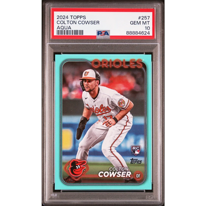 A graded 2024 Topps Colton Cowser Aqua rookie baseball card in PSA holder