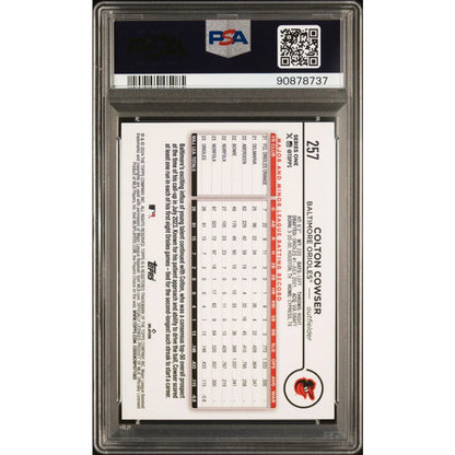 PSA graded 2024 Topps Colton Cowser Royal Blue baseball card on display