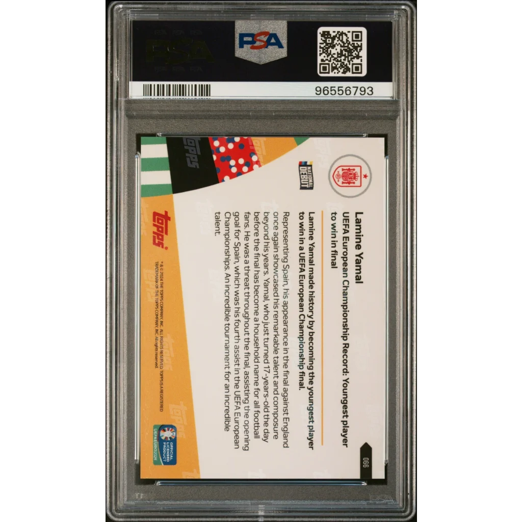 PSA graded 2024 Topps Lamine Yamal UEFA Euro gold card with stats
