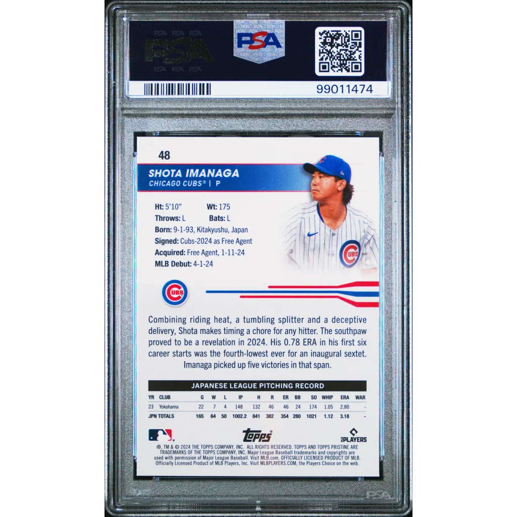 A graded Shota Imanaga baseball card from 2024 Topps Pristine in PSA case