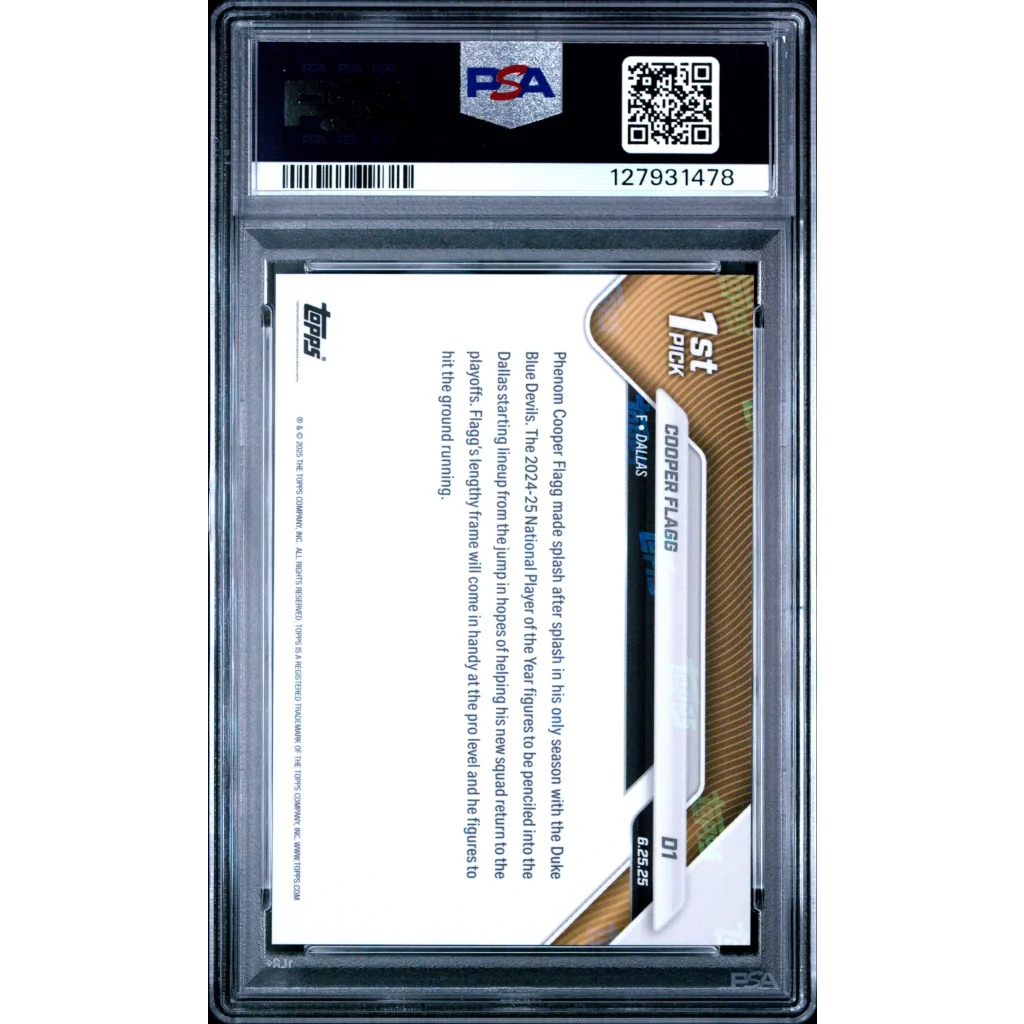 PSA graded 2025 Topps Now Cooper Flagg gold black draft card with player stats