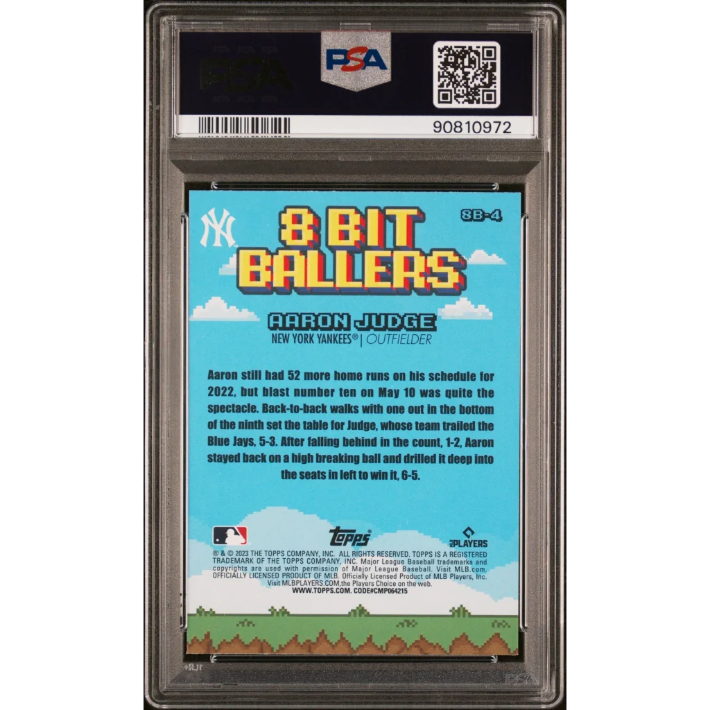 PSA Graded Aaron Judge 8 Bit Ballers Baseball Card 2023 Topps on display