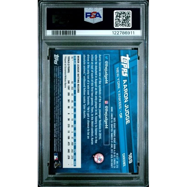 PSA graded Aaron Judge Topps Chrome rookie card, 1985 blue white design