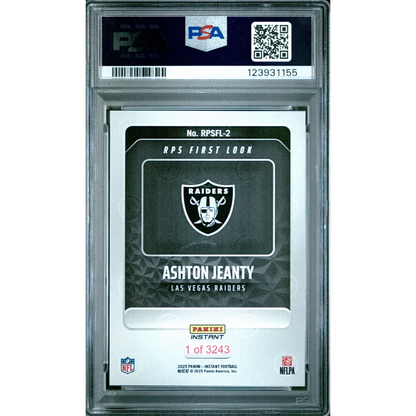 Black and white Raiders rookie card of Ashton Jeanty PSA graded 1 of 3243