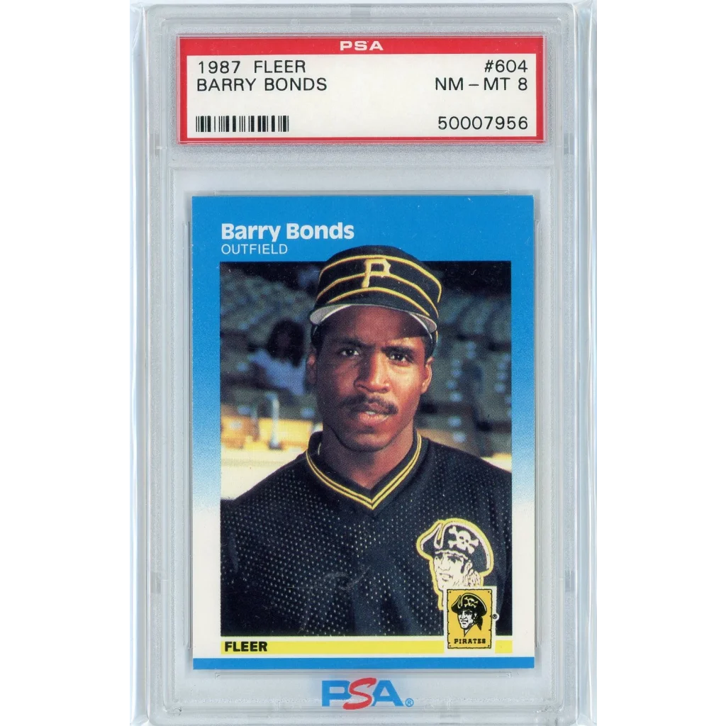 A graded 1987 Fleer Barry Bonds rookie card PSA NM-MT 8 displayed in product listing