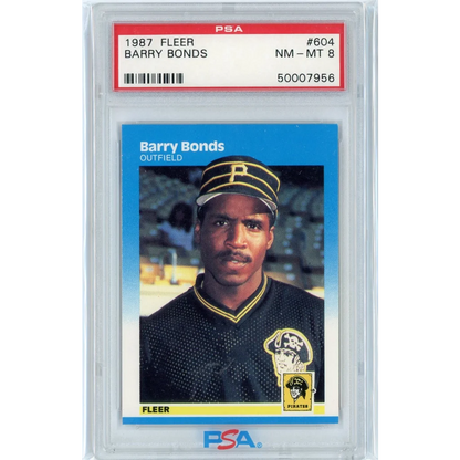 A graded 1987 Fleer Barry Bonds rookie card PSA NM-MT 8 displayed in product listing