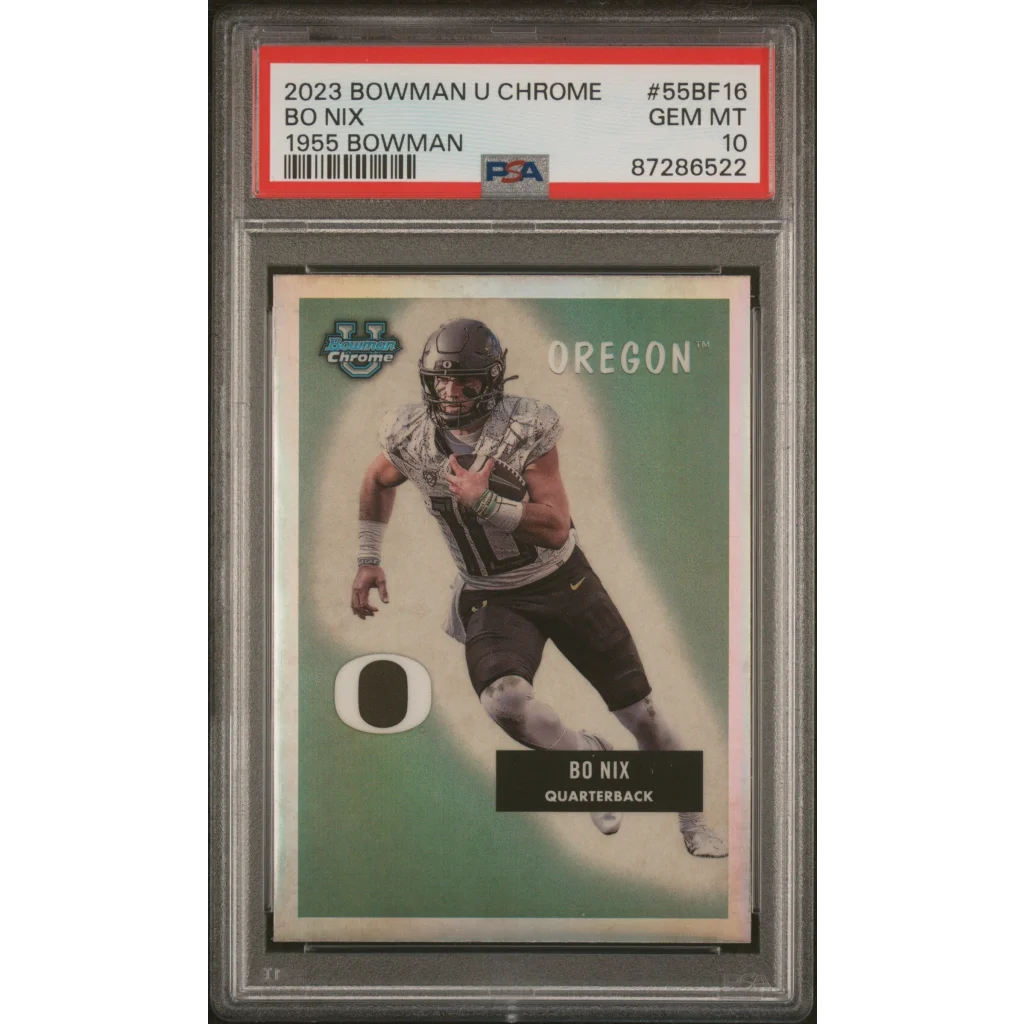 PSA graded 2023 Bowman U Chrome Bo Nix football rookie card on display
