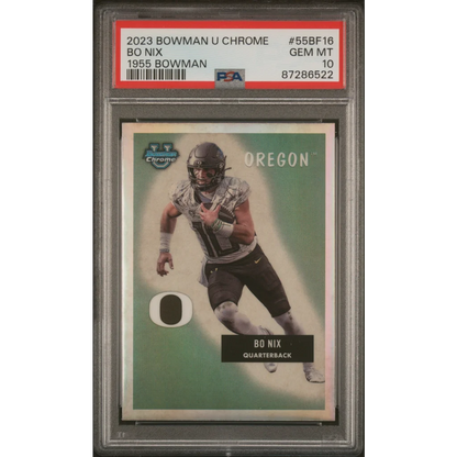PSA graded 2023 Bowman U Chrome Bo Nix football rookie card on display