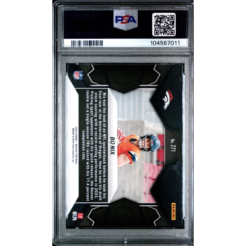 PSA Graded Bo Nix 2024 Mosaic NFL Debut Football Trading Card on display