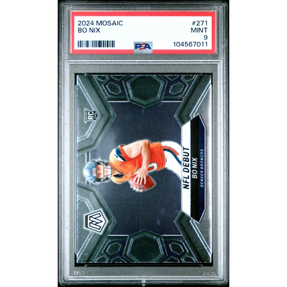 A graded 2024 Mosaic Bo Nix NFL Debut football card in PSA case