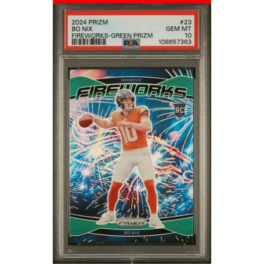 PSA graded Bo Nix 2024 Prizm Fireworks green rookie card