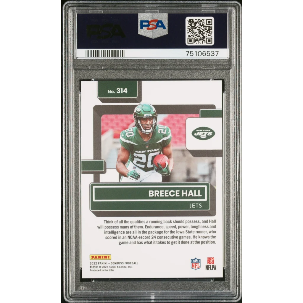 Graded Breece Hall 2022 Donruss Press Proof Premium Football Card in product display