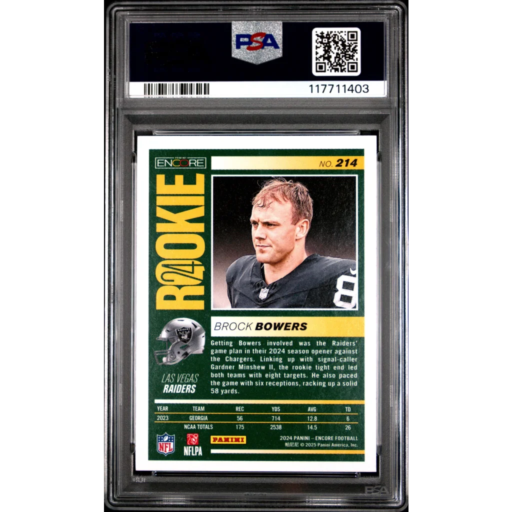 PSA graded 2019 Panini Encased Brock Bowers rookie football card #214