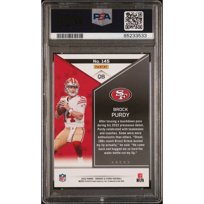 PSA graded Brock Purdy 2022 Rookies & Stars rookie football card on display