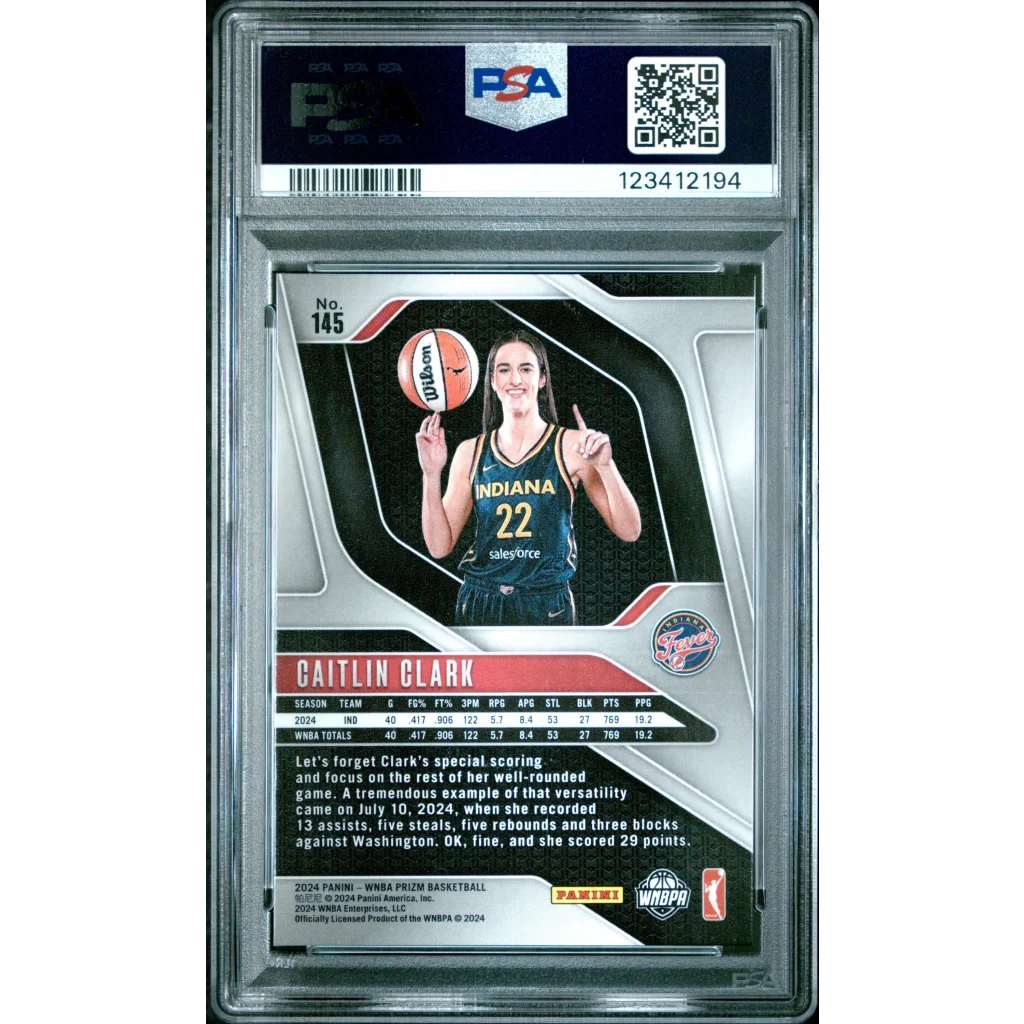 PSA graded Caitlin Clark 2019 Panini Prizm rookie card #145 silver black design
