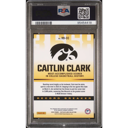 PSA graded Caitlin Clark Record Breaker basketball card from the 2024 collection