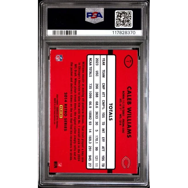 PSA graded Caleb Williams 2014 Donruss Optic rookie card with red black design and player stats