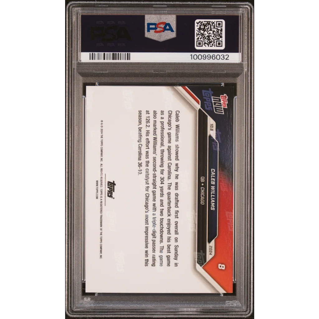 PSA graded Caleb Williams 2024 Topps Now rookie card with orange white accents and player stats