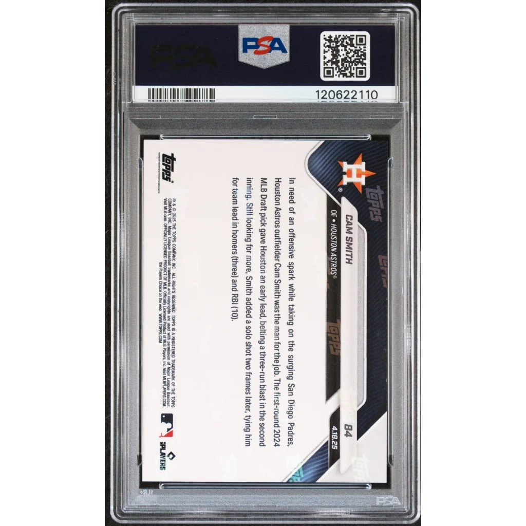 PSA graded Cam Smith 2025 Topps Now Houston Astros black foil card in clear holder