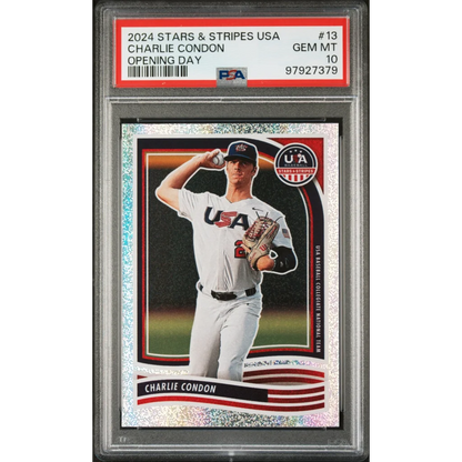 A graded 2024 Stars & Stripes USA Charlie Condon Opening Day baseball card in PSA holder