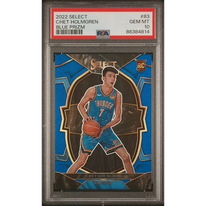 PSA Graded Chet Holmgren Blue Prizm Rookie Card Thunder basketball card image