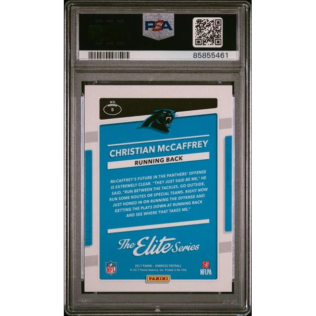 PSA Graded Christian McCaffrey rookie football card on display