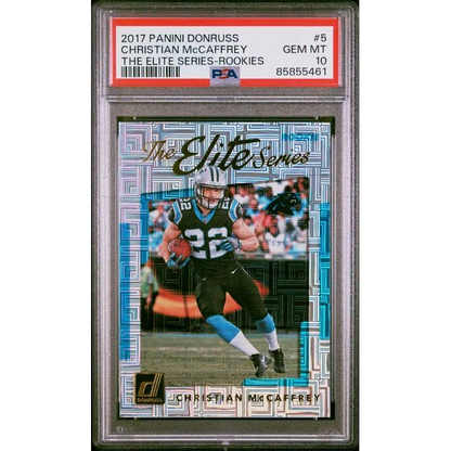 PSA graded Christian McCaffrey rookie football card on display