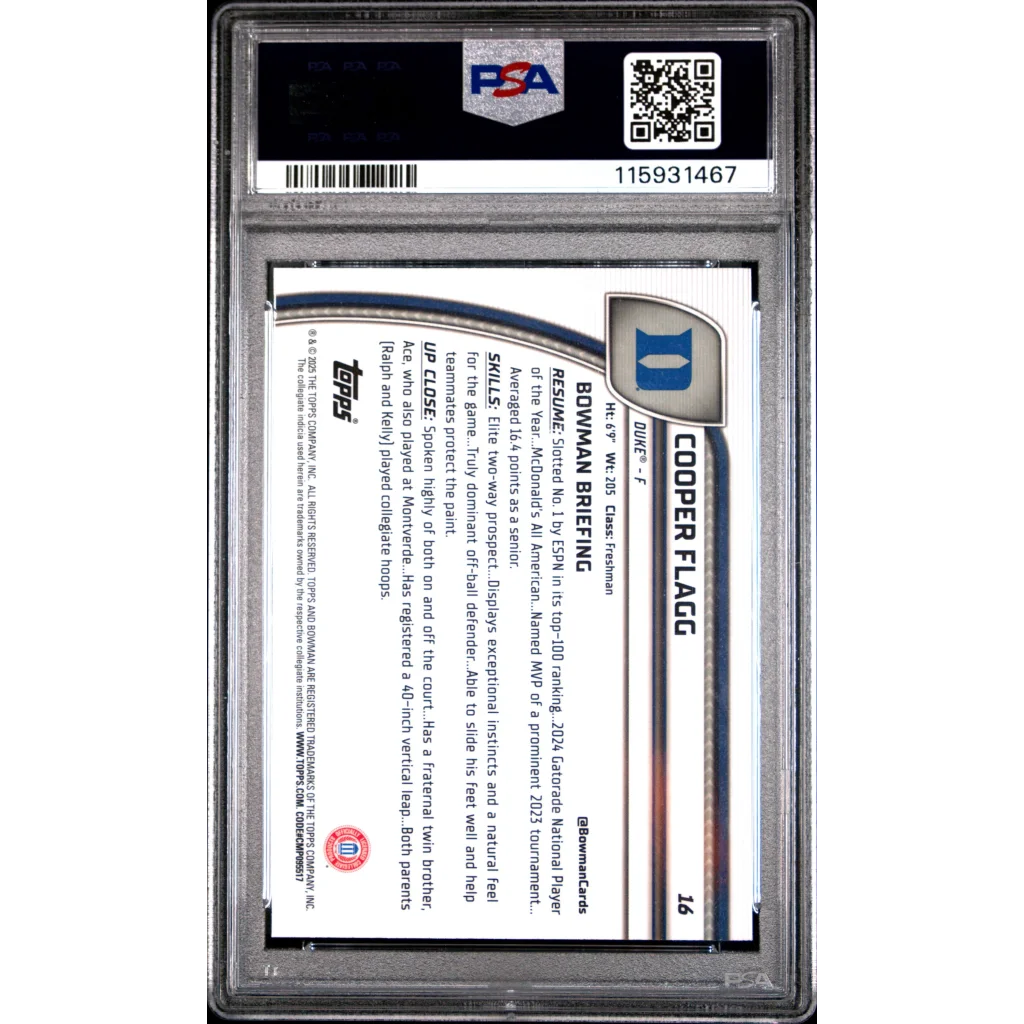 Topps Cooper Flagg Duke Basketball Rookie Card with PSA grading label and university logo
