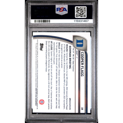 Topps Cooper Flagg Duke Basketball Rookie Card with PSA grading label and university logo