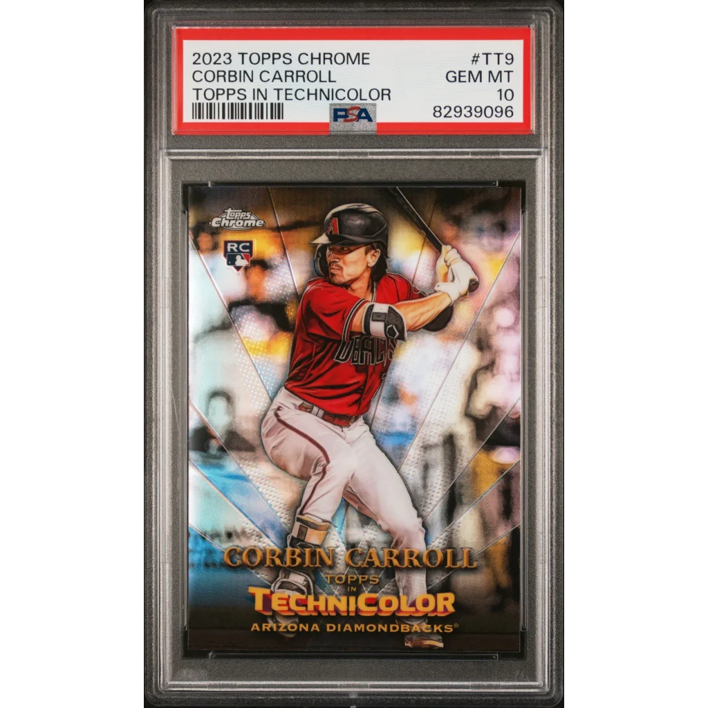 PSA graded 2023 Topps Chrome Corbin Carroll Technicolor baseball card in product display