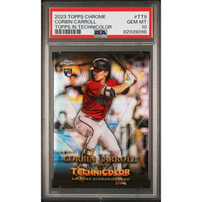 PSA graded 2023 Topps Chrome Corbin Carroll Technicolor baseball card in product display