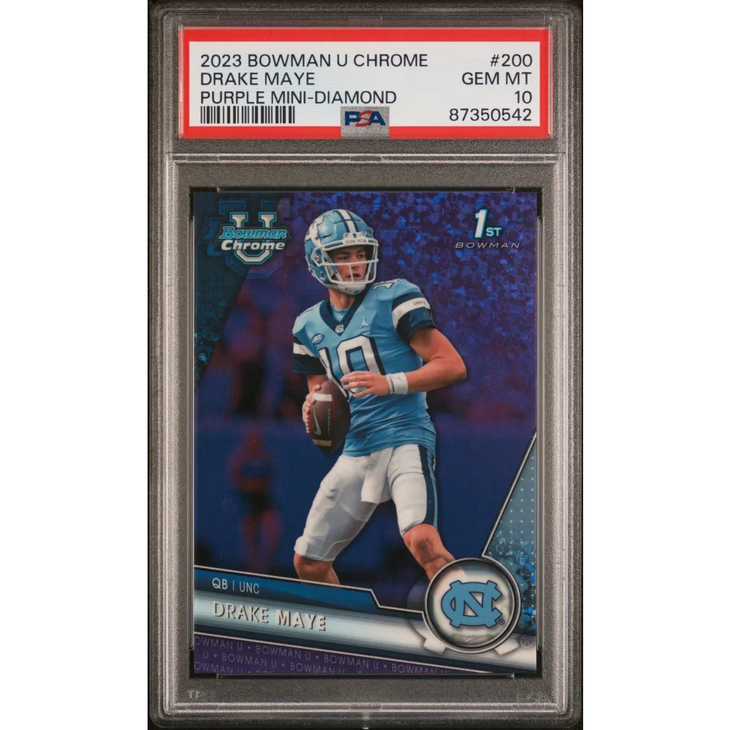 PSA graded 2023 Bowman U Chrome Drake Maye Purple Mini Diamond football card