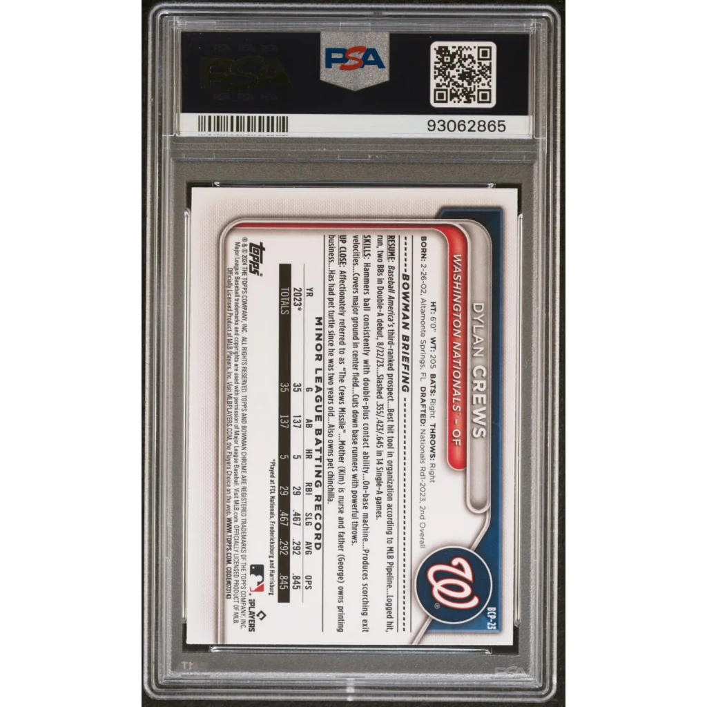 Graded Dylan Crews 2024 Bowman Chrome Lunar Glow Rookie Card in PSA holder