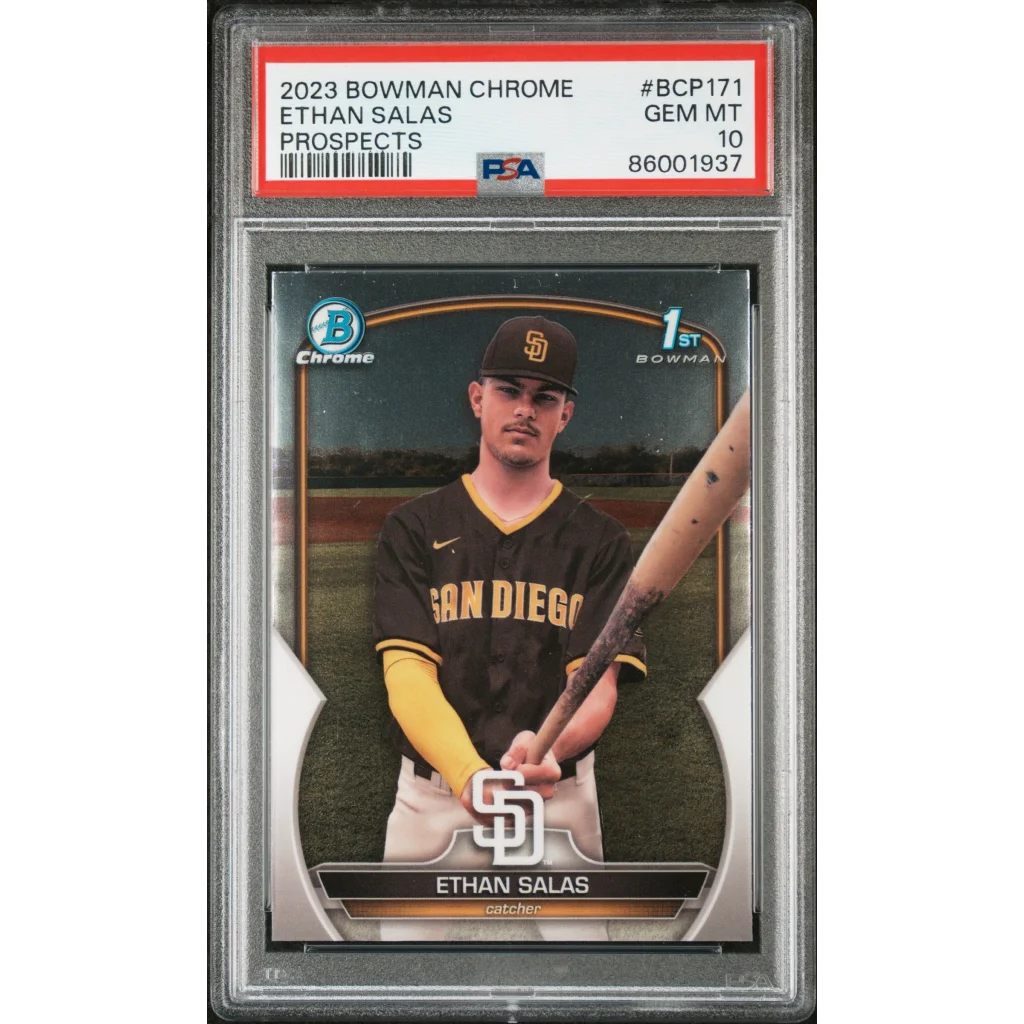 Graded Ethan Salas 2023 Bowman Chrome Prospects baseball card in PSA holder