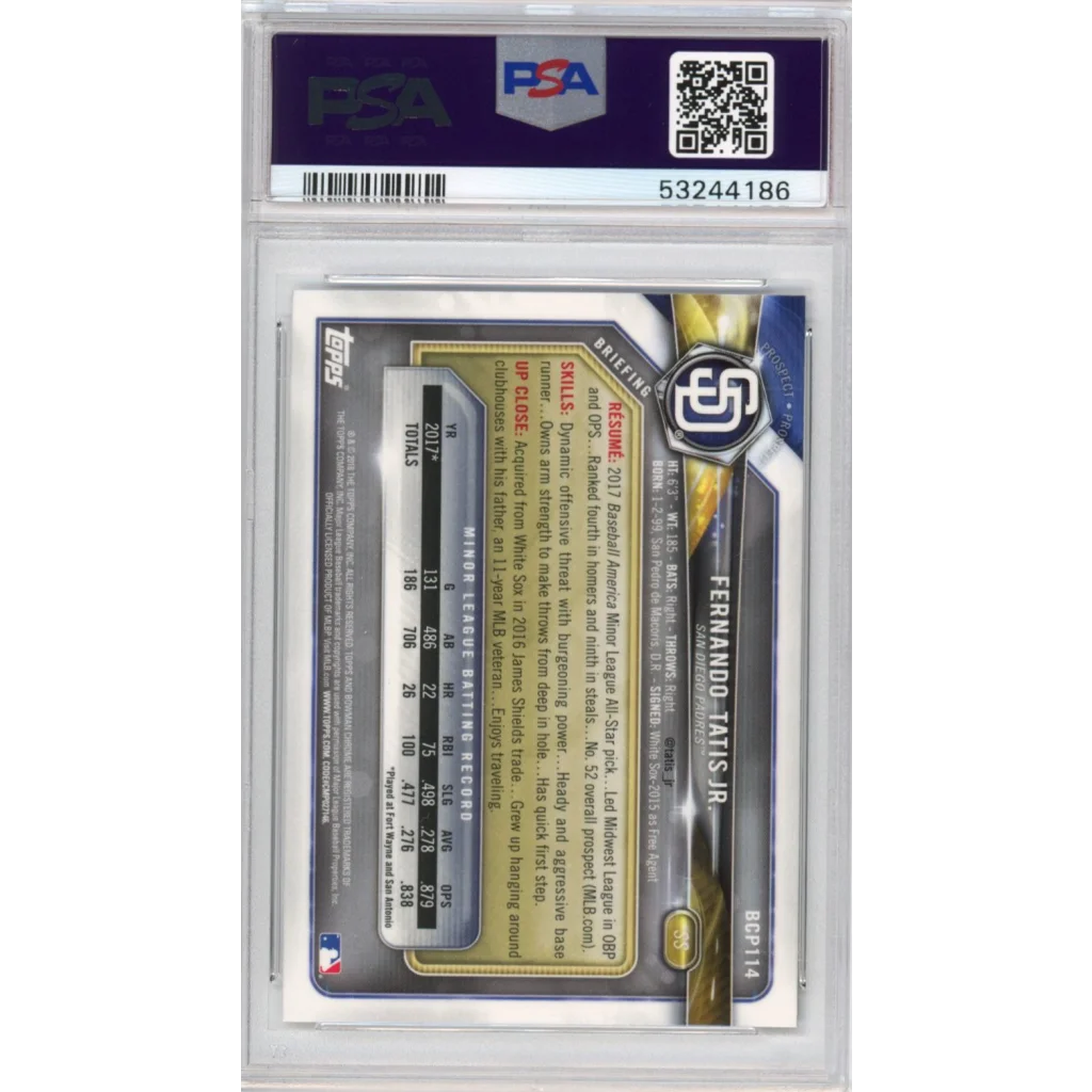 Graded Fernando Tatis Jr 2018 Bowman Chrome baseball card in PSA case