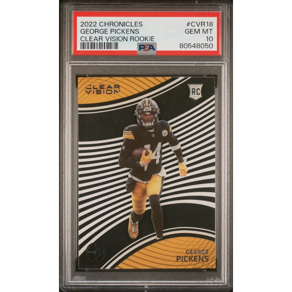 PSA graded 2022 Chronicles George Pickens Clear Vision Rookie football card on display