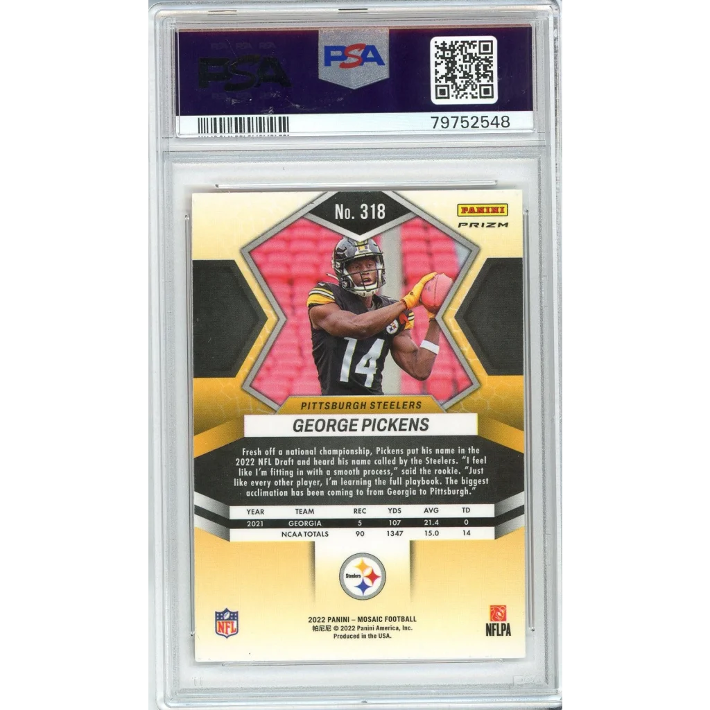 PSA Graded George Pickens 2022 Mosaic Reactive Orange Football Card on display