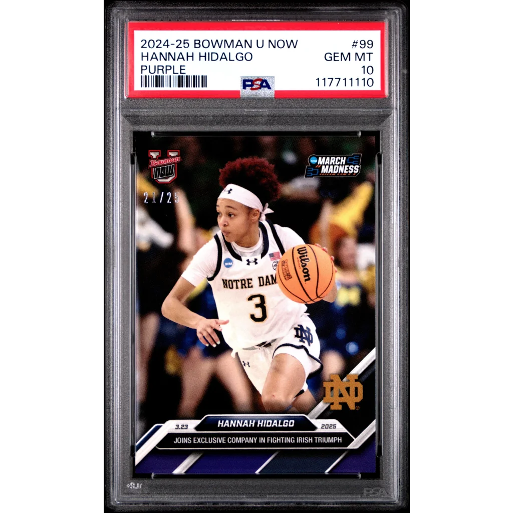 Gem mint PSA graded 2024-25 Bowman U Now Hannah Hidalgo #99 purple basketball card